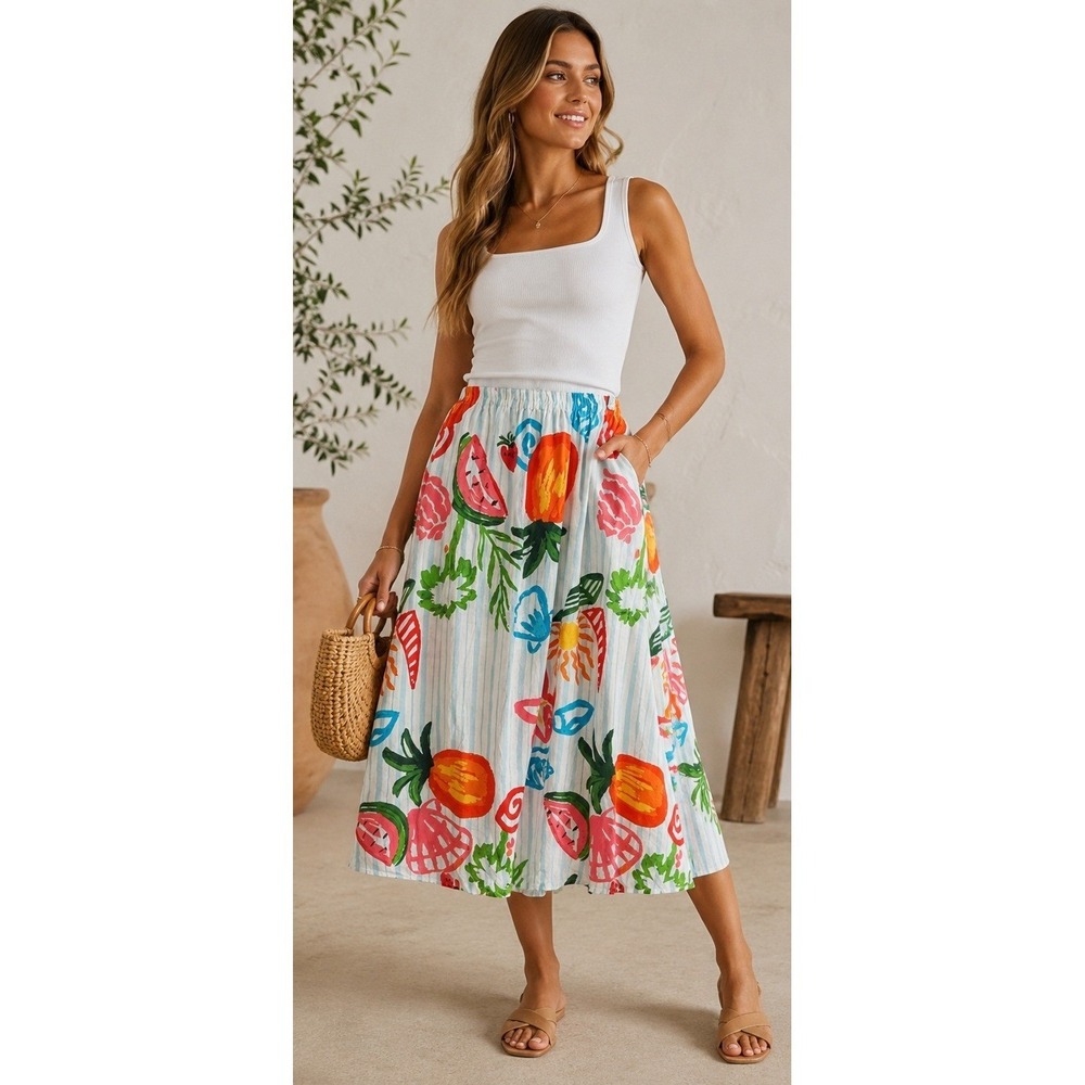 Calypso St Barth Linen Blend Tropical Fruit Stripe Midi Skirt Size S Pockets